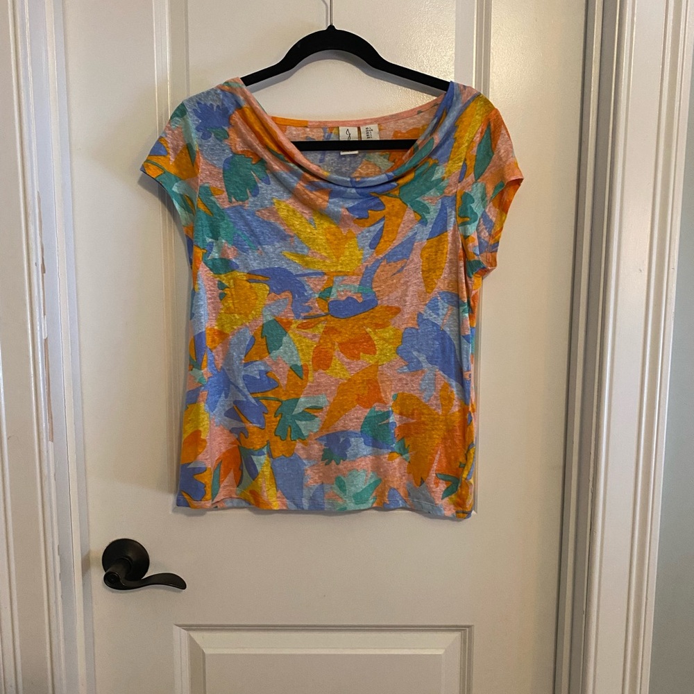 Joie Multicolor Abstract Capped Sleeve Lightweight Linen Top